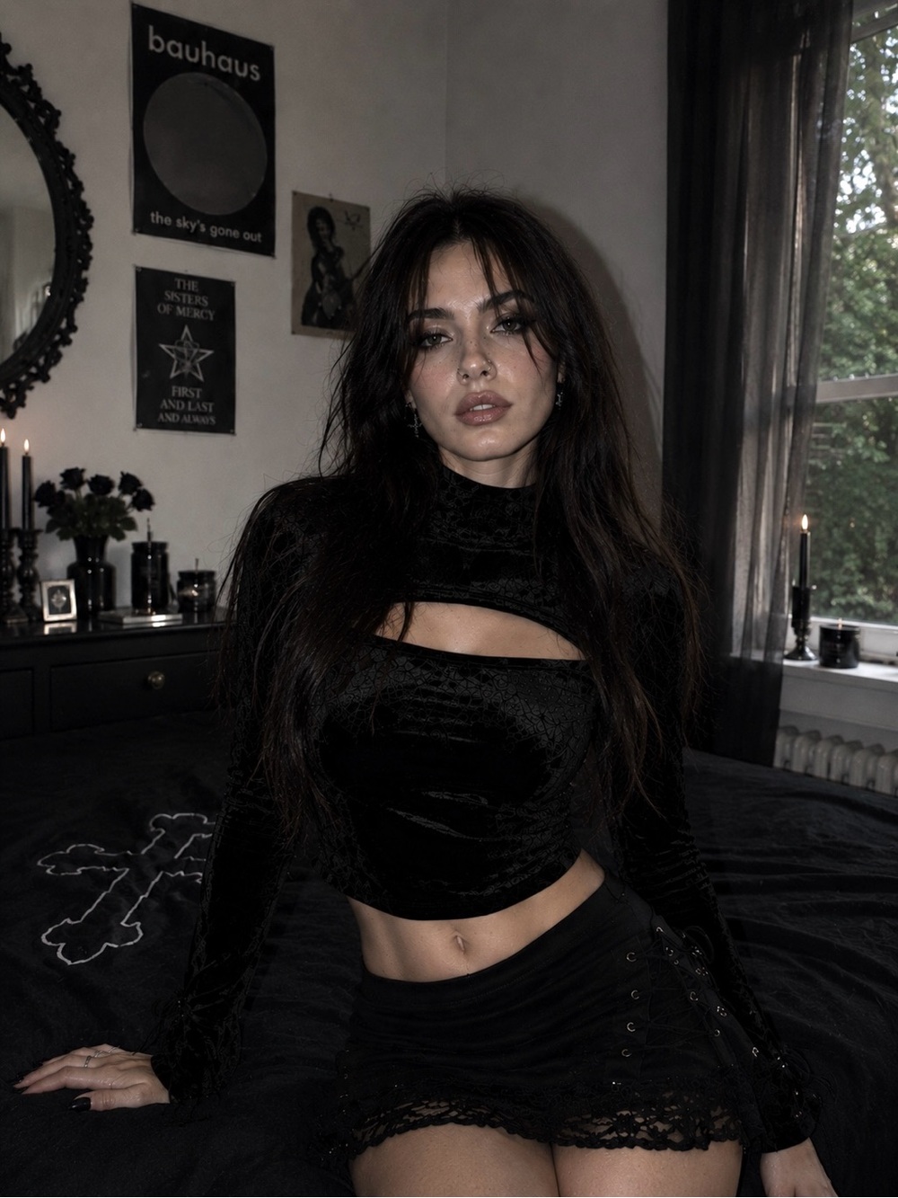 NWT KILLSTAR Vanquished Cutout Velvet Long-Sleeve Crop Top- Black